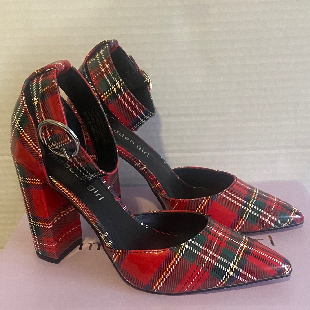 Steve Madden Girl Red Saaxon Plaid Chunky Heel Shoes Size 7 Ankle Straps NIB